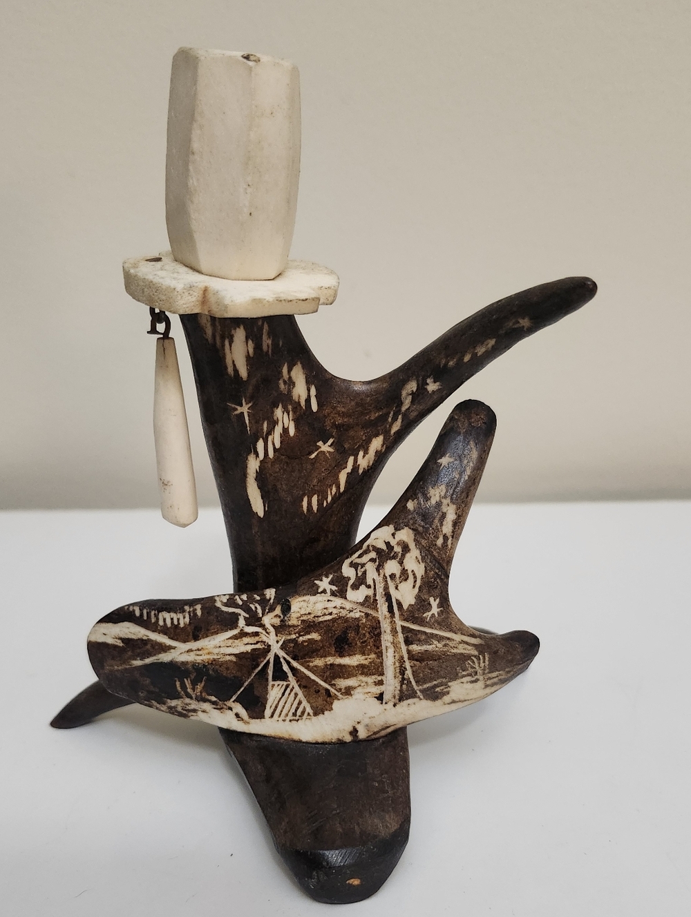 Vintage Sami Reindeer Antler Candle Holder Handcrafted Lapland Folk Art Rustic